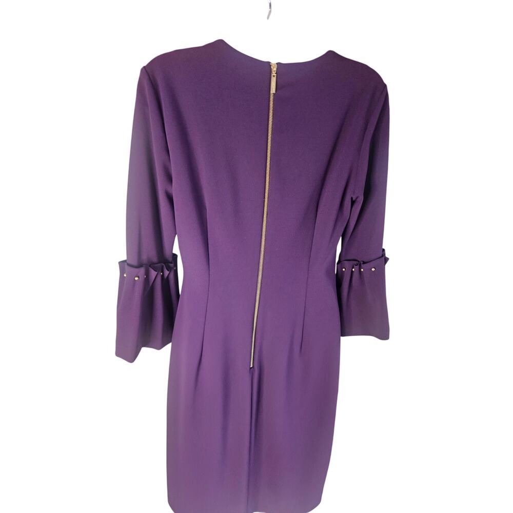 Donna Karen Plum Midi Dress Gold Hardware 3/4 Ruffled Sleeve Beaded Sz 10 - Picture 4 of 9